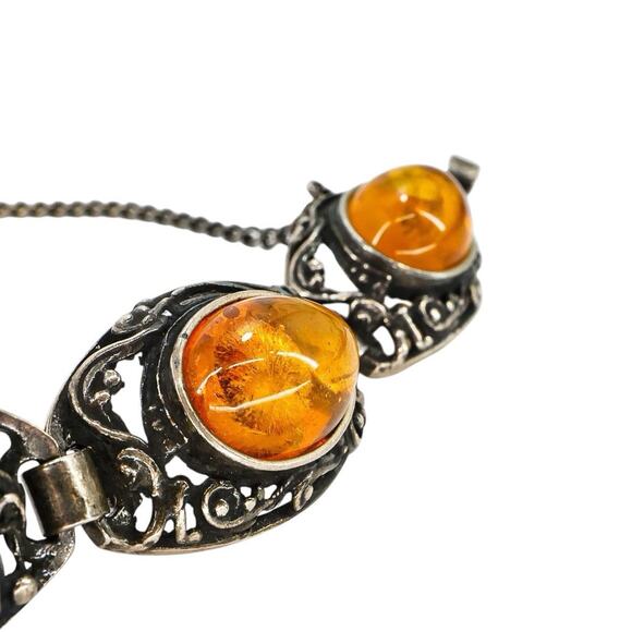 Sterling Silver Filigree Bracelet Baltic Amber Cabs Eastern European 7.5 In Read - Picture 3 of 14